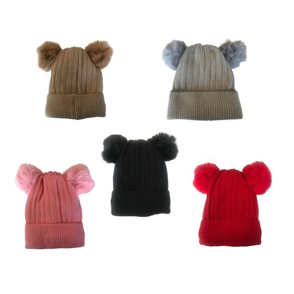 Kids Warm Winter Wool Knitted Beanie with Pom Pom Tassels (Set of 2)