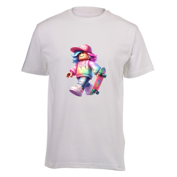 Kids White Cotton Regular Short Sleeve T-Shirt - Roblox Girl Skate