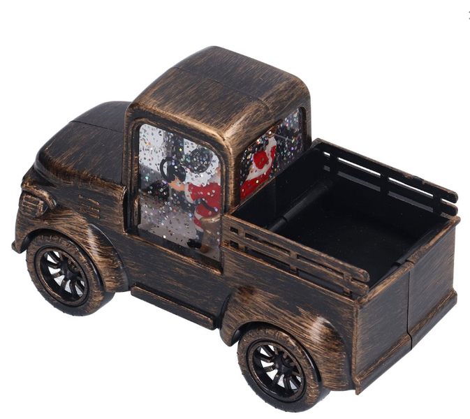 Santa Themed LED Snow Globe Ornament - Bronze-Brushed Christmas Truck Decor