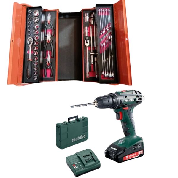 Fixman - 42 Piece Mechanic Toolbox &amp; Metabo Cordless Drill/Screwdriver BS18