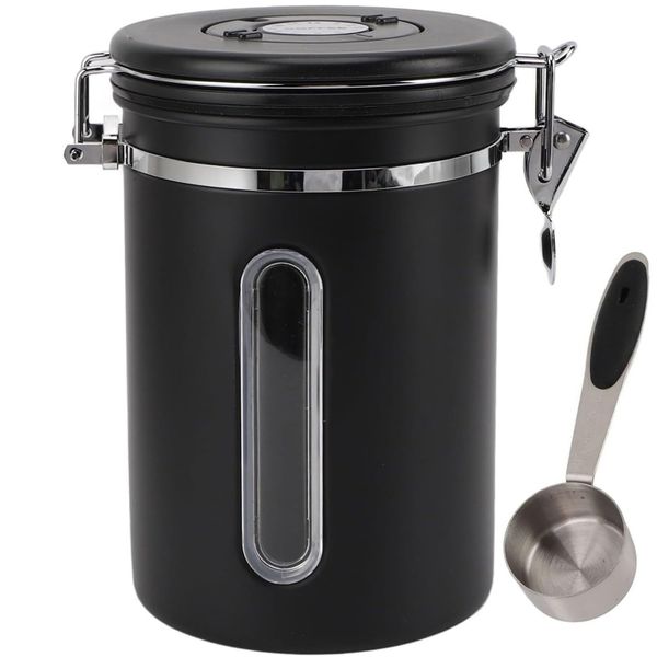 1.8L Coffee Canister with Window,Stainless Steel Coffee Bean Storage Black
