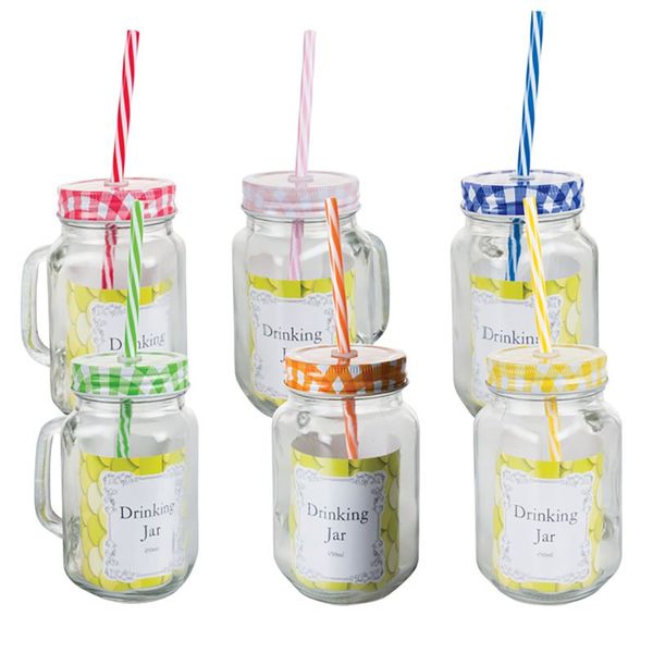 Bulk Pack x 6 Drinking Jar Glass + Straw 450ml