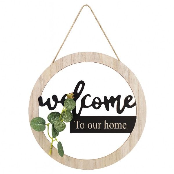 Round Wooden Welcome Wall Hanging Sign - Wood &amp; Green