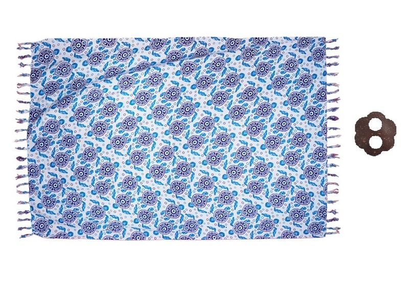 Blue &amp; White Sea Turtle Print Sarong With Coconut Buckle