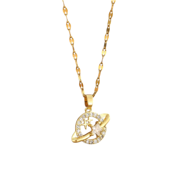 Celestial Cosmic Planet Pendant Necklace - Gold-Toned