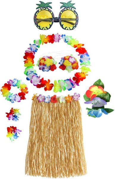 Pack of 8 Hawaiian Hula Grass Skirt Set