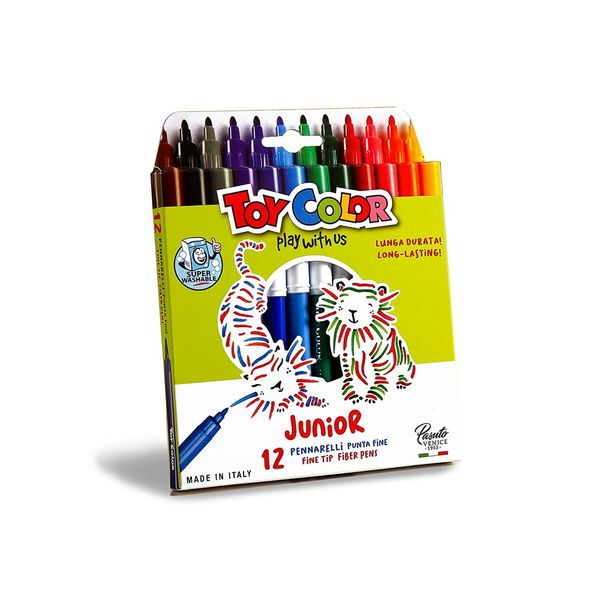 Toy Color - Junior Markers - 12 Pack Fine Tip Fibre Pens, 2.9mm