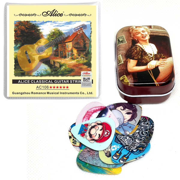Classical Guitar Strings (Silver-Plated Nylon) + Guitar Pick Tin (12 Picks)