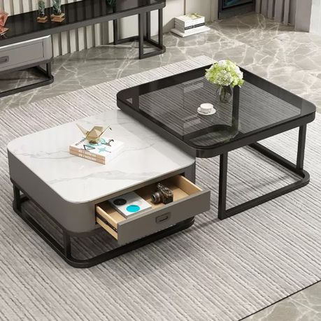 Square Nesting Coffee Table 2 Set Glass & Sintered Stone Table with Drawer Image
