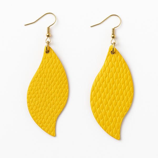 Ostrich Shin Leather Earrings - Leaf Shape - Gold - Ostravelle Line