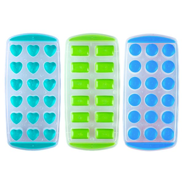 3 Pack of Ice Cubes Silicone Bottom Tray Set (Round, Heart, Square)