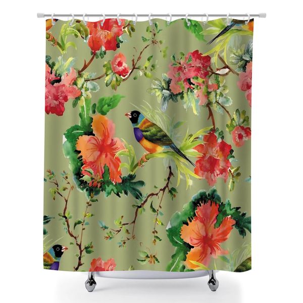 Botanical Bird Print Shower Curtain Bathroom Decor, Mold Resistant Curtain