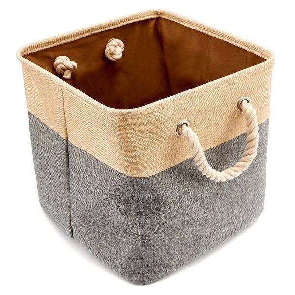 Flax Linen Square Laundry Basket for Living Room And laundry-Grey&amp;Brown