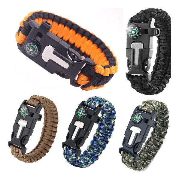 5 Pcs Survival Paracord Bracelet Flint Fire Starter Scraper Compass Whistle