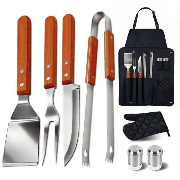 8 Piece Braai Set Wooden with Apron BBQ Grill Utensil Tool Set Grilling