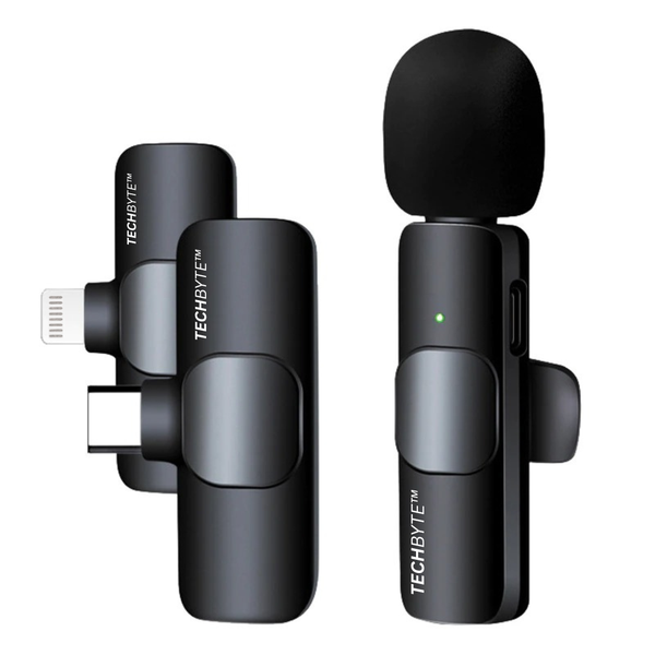 TechByte Wireless Lavalier Microphone - Type C &amp; Lightning - Plug &amp; Play