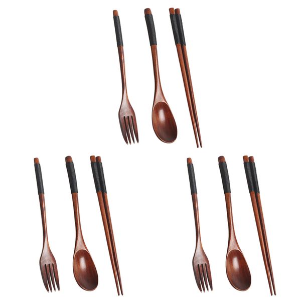 Wooden Flatware Set Chopsticks Spoon Fork With Black Twining Thread