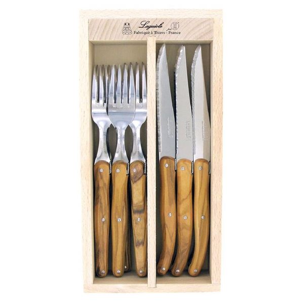 Andre Verdier Laguiole Cutlery Set Olive Wood 12 pc in Wooden Box