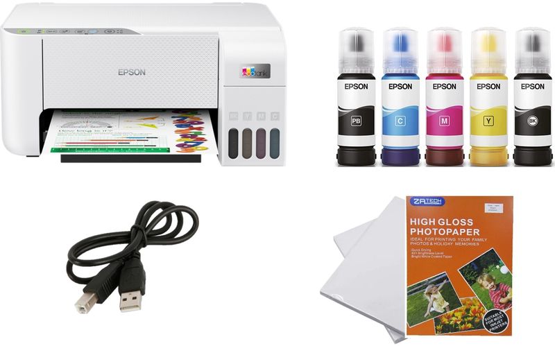 Epson L3256 InkTank Printer + 2x ZATECH Glossy photo Papers &amp; Printer Cable