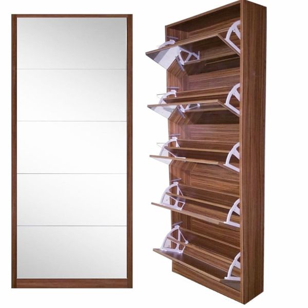 SoftyHome 5 Door Mirror Shoe Cabinet - Walnut