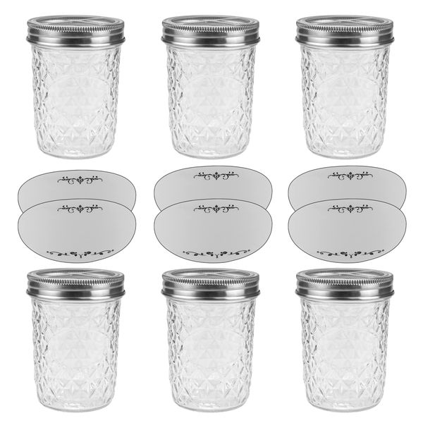 Kitchen Glass Diamond Jam Storage Jars with Labels Set of 12 (250ml)