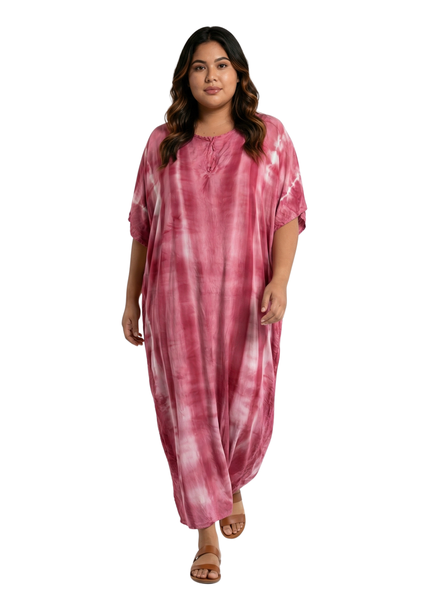 China Rose Tie Dye Rayon Boho Kaftan for Plus Size Women