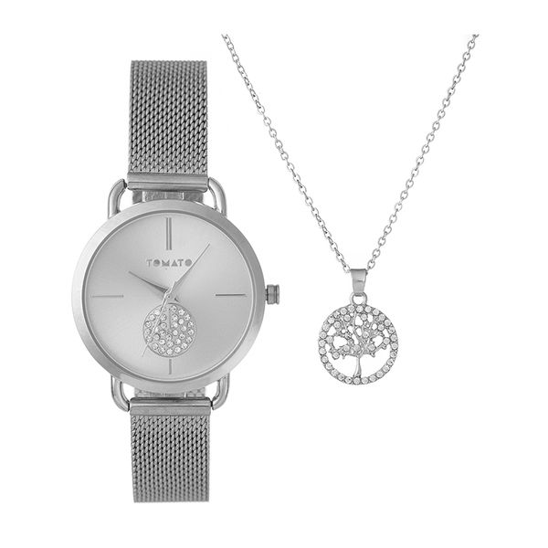 Tomato Ladies Watch Set , Silver Mesh,Stones on Dial&amp;Tree of Life Necklace