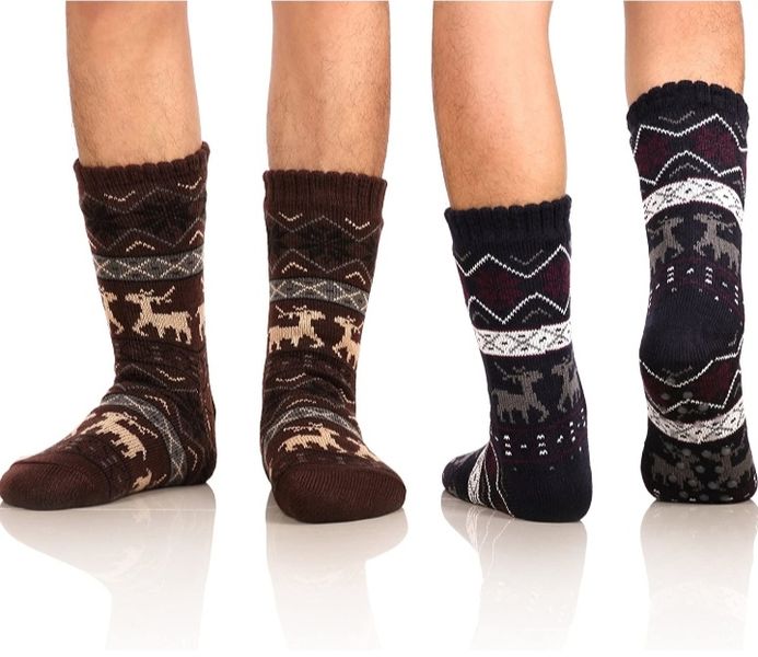 Men Winter Thermal Fleece Lining Knit Non Slip Socks Black &amp; Brown 2 Pack
