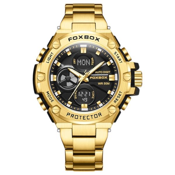FOXBOX - Water Resistant Stainless Steel Watch With Dual Time Display - Gold