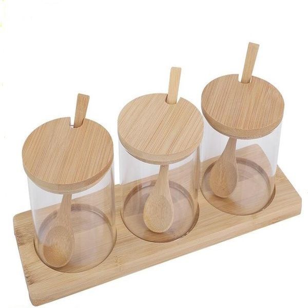 Glass Spice Cannisters with Bamboo Lids Spoons and Tray