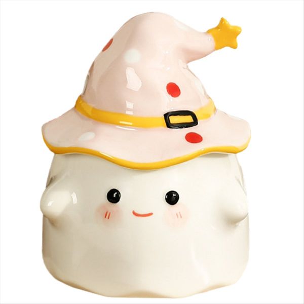 Cute Ghost Face Mug With Witch Hat Cover Halloween Tea Cup Yellow