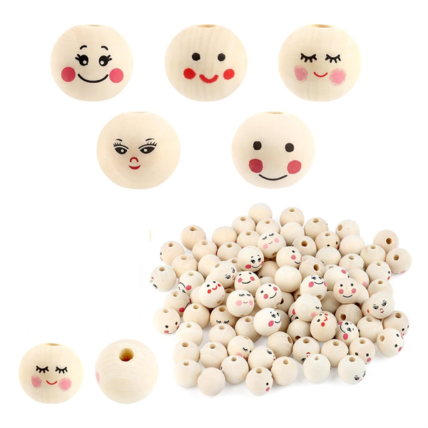 5 Styles Wooden Beads with Face 20mm Wooden Balls with Hole - 100 Piece