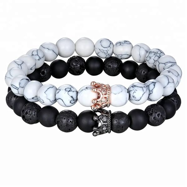 Zircon Crown Natural Stone Bracelet - White Volcanic Agate Beads