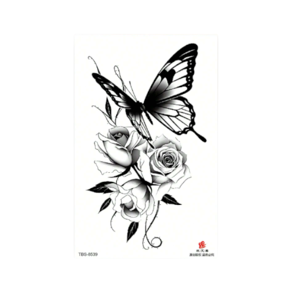 Monochrome Elegance Butterfly and Roses Temporary Body Tattoo - Black