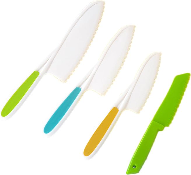 Kids Plastic Kitchen Knife Set - 4-Piece Serrated Fruit &amp; Cake Play Knives