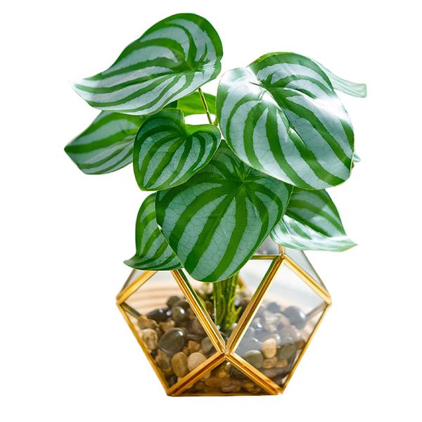 Home Garden Decor Lifelike Artificial Leaves Bundle &amp; Gold Trim Pot (26cm)