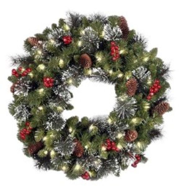 Flexxy Classic Christmas Wreath with Cones,Berry,Frosted with Led lights