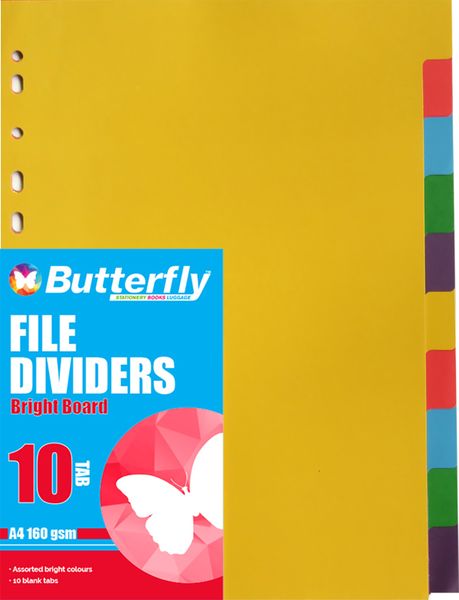 Butterfly A4 File Dividers Bright Board - 10 Tab (Pack Of 10)