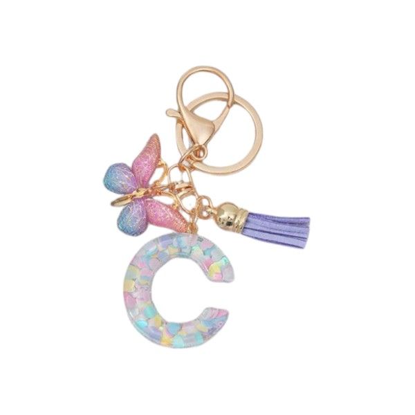 "C" Keychain With Gradient Butterfly Charm & Purple Tassel - Multicolor
