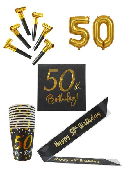 Black &amp; Gold Happy 50th Birthday Party Pack Combo Decorations &amp; Serveware