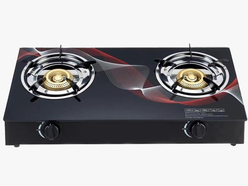 Two Burner Auto-Ignition Tempered Glass Panel Gas Stove - Red Square Edition