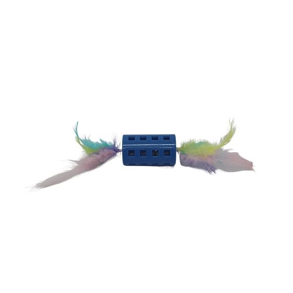 Cat Toy Cylinder with Feathers and Bell - Blue