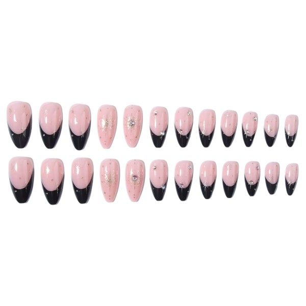 24 French Tip Almond Press On Nails With Diamond Starlight Accents - Black