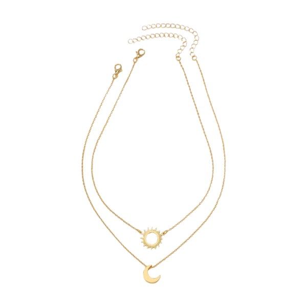 2 Piece - Layer Necklace With Celestial Sun &amp; Moon Pendants - Gold