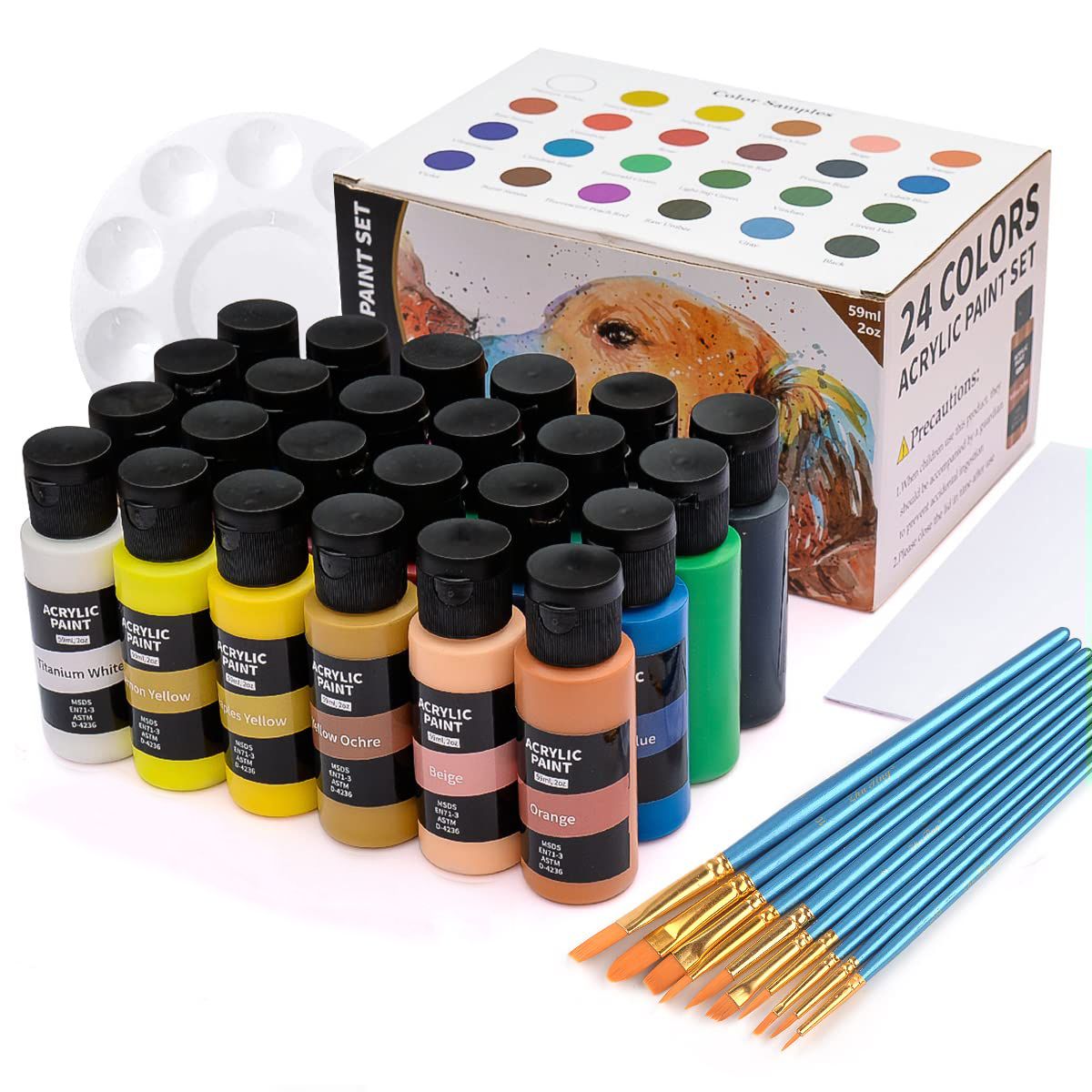 Acrylic Paint 24 Colors 59ml with 10 Brush, Mixing Palette and Canvas