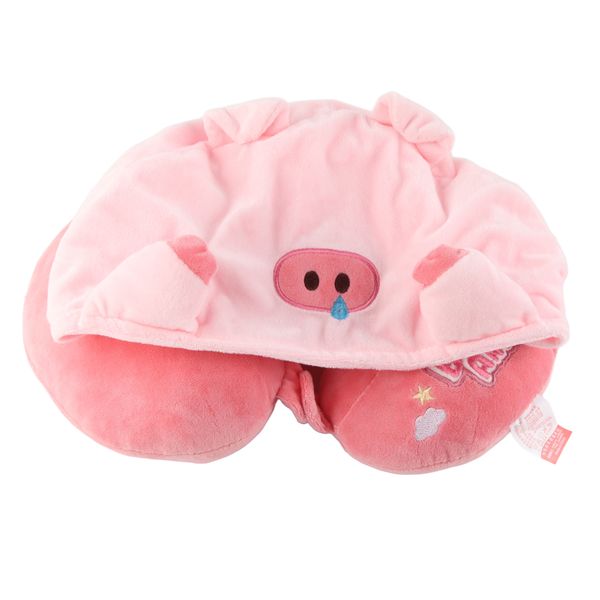 Hooded U Shaped Travel Neck Pillow Pig Design