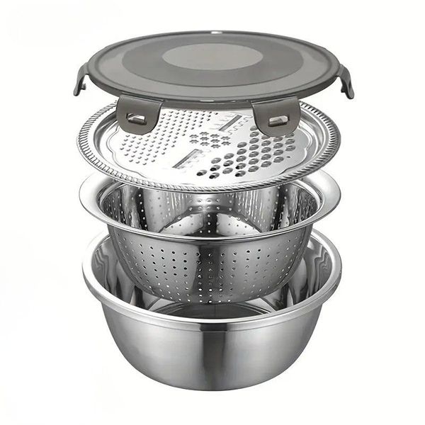 Bestby 4-in-1 Stainless Steel Bowl Basin Colander Drip Basket Grater &amp; Lid