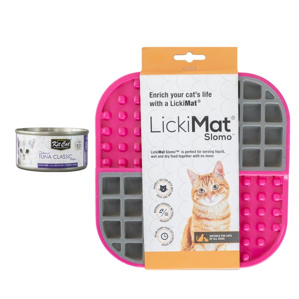LickiMat Slomo Cat Pink plus Kit Cat Tuna Classic Topper tin 80g