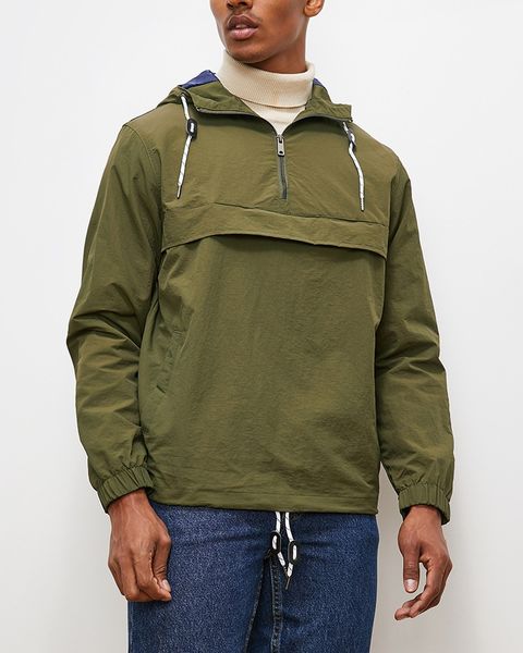 Hooded Rib Stop Poplin 1/4 Zip Pullover Lightweight Jacket - Khaki