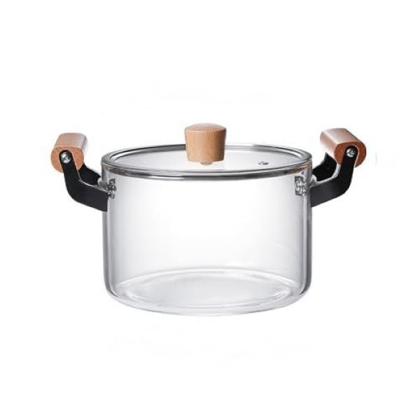 High Borosilicate Stovetop Glass Pot with Lid and Wooden Handle